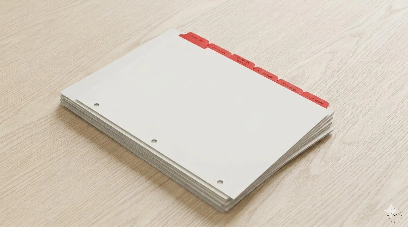 Custom red Mylar step-indexed binder tabs on light wood desk showing 7-bank sequential layout with readable tab labels — manufactured by Anselmo Die and Index Co., Schaumburg IL