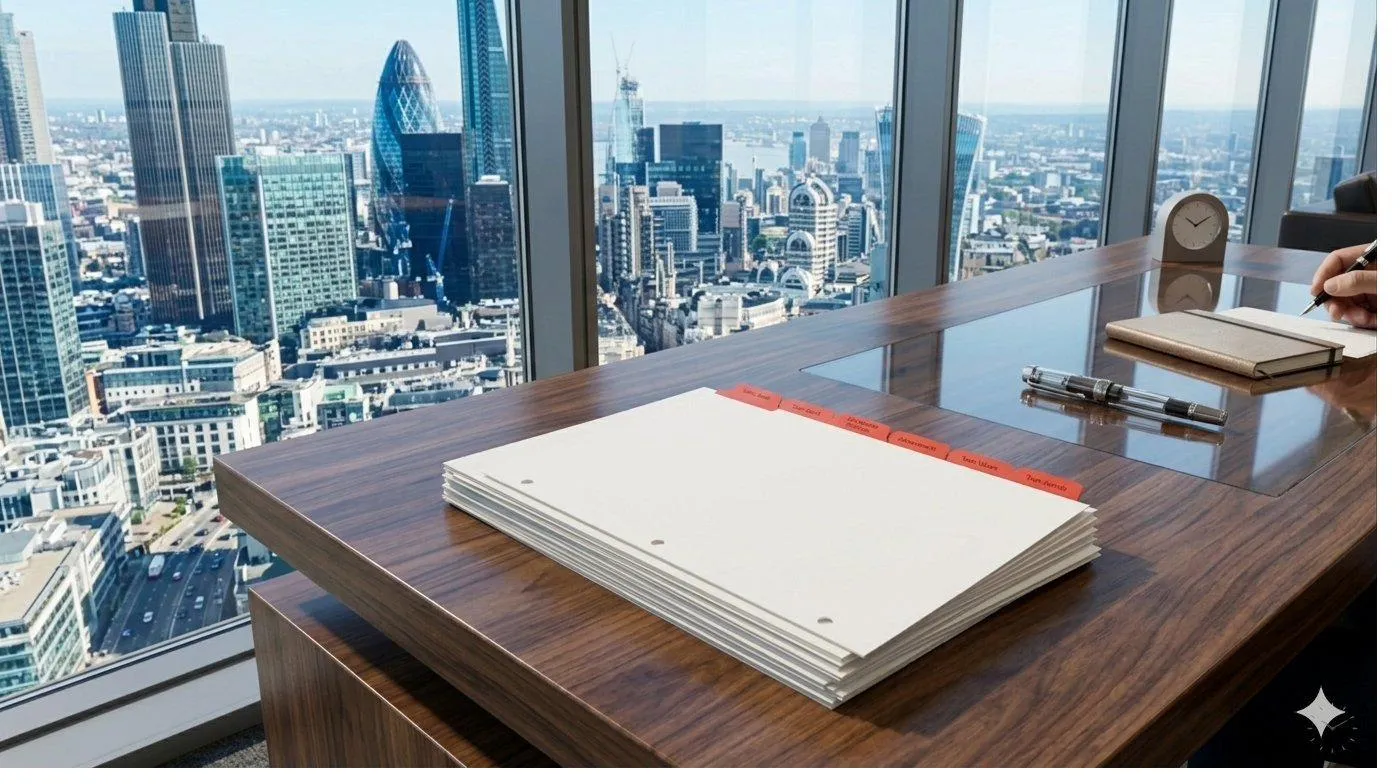 Custom red Mylar index tab divider set on executive walnut desk with city skyline — manufactured by Anselmo Die and Index Co., Inc., Schaumburg IL, family-owned since 1978