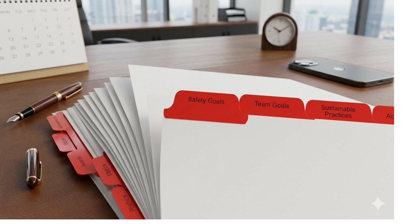 7-tab red Mylar custom index tab set fanned on walnut desk showing Safety Goals through Team Awards labels — Anselmo Die and Index Co. step-indexed Mylar tabs