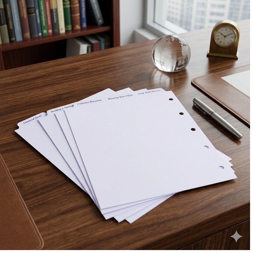 5-tab clear custom index tabs labeled Financial Goals, Building a Network, Customer Retention, Knowing Your Client, Long Term Success on executive desk — Anselmo Die and Index premium clear tab set