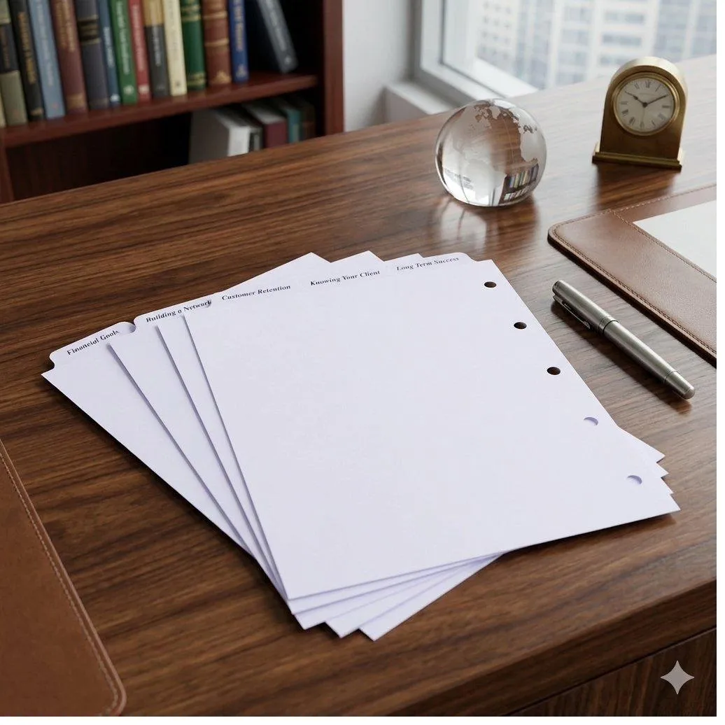 5-bank clear custom index tabs labeled Financial Goals, Building a Network, Customer Retention, Knowing Your Client, Long Term Success on executive desk — Anselmo Die and Index premium clear tab set