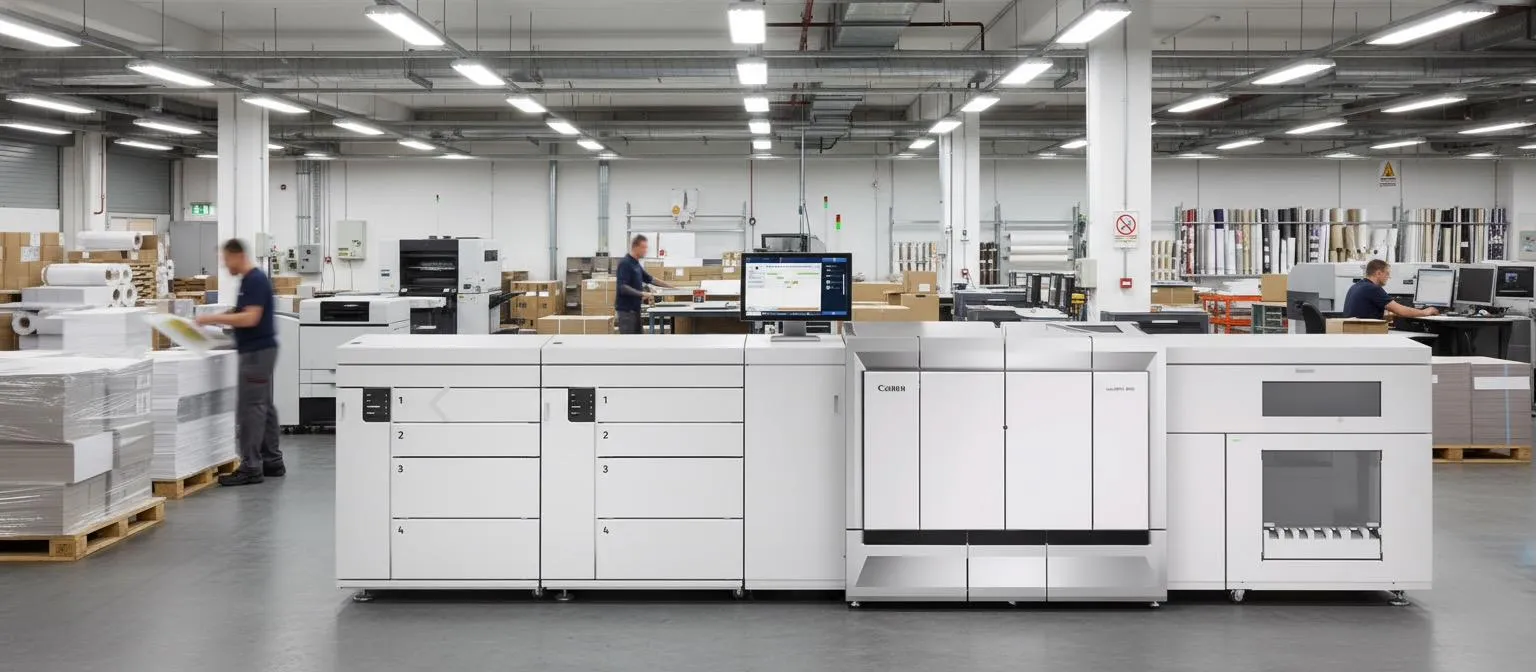 Canon production digital press line on the Anselmo Die and Index manufacturing floor, Schaumburg IL — operators managing high-volume commercial print production