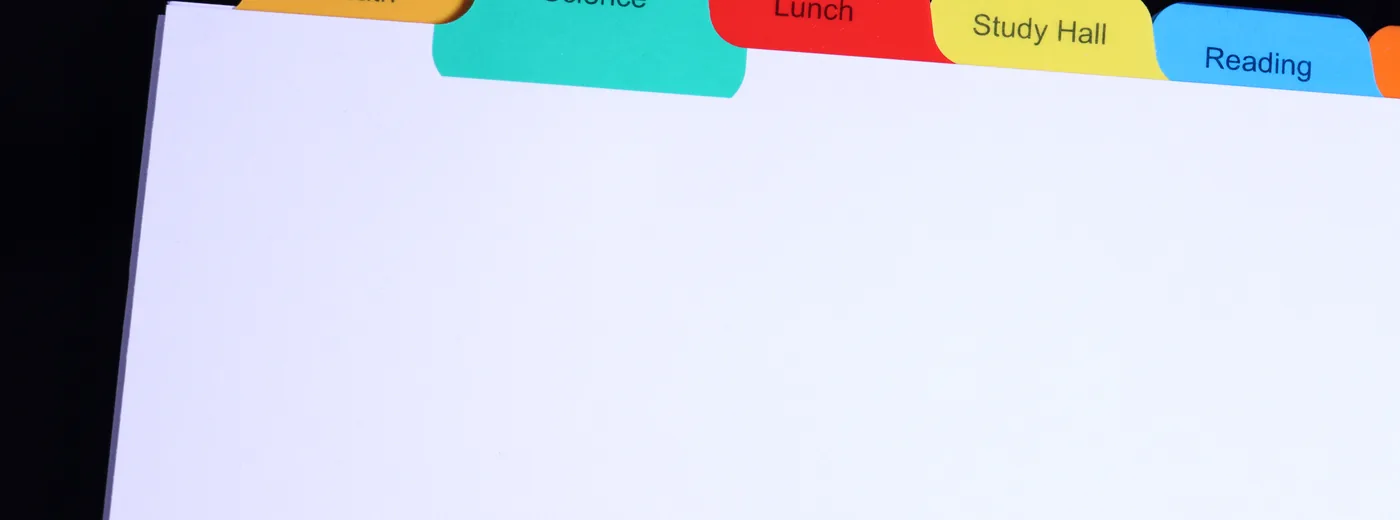 Color-coded index tabs printed Math, Science, Lunch, Study Hall and Reading — multicolor Mylar tab set by Anselmo Die & Index